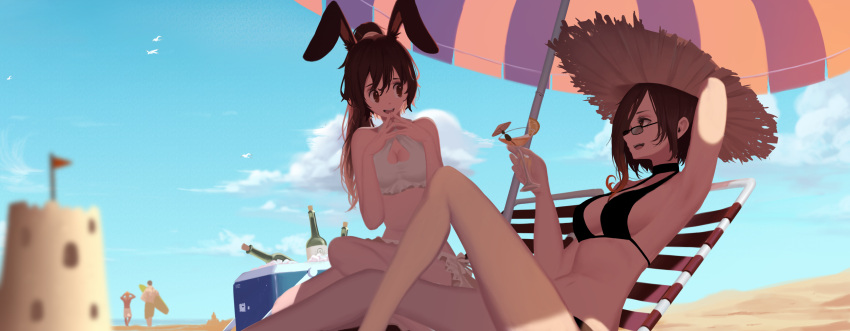 2boys 2girls :d absurdres alcohol animal_ears arm_behind_head arm_up armpits bangs bare_arms bare_legs bare_shoulders beach bikini black-framed_eyewear black_bikini black_choker blue_sky bottle cfvy chair champagne choker cleavage_cutout clouds coco_adel commentary cooler cup day dishwasher1910 drinking_glass english_commentary fidgeting flag fox_alistair frilled_bikini frills glasses hat heart_cutout high_ponytail highres ice ice_cube knee_up long_hair lounge_chair lying multiple_boys multiple_girls on_back open_mouth outdoors ponytail profile rabbit_ears rwby sand_castle sand_sculpture short_hair_with_long_locks sitting sky smile straw_hat sun_hat sunglasses surfboard swimsuit umbrella upper_teeth velvet_scarlatina white_bikini yatsuhashi_daichi