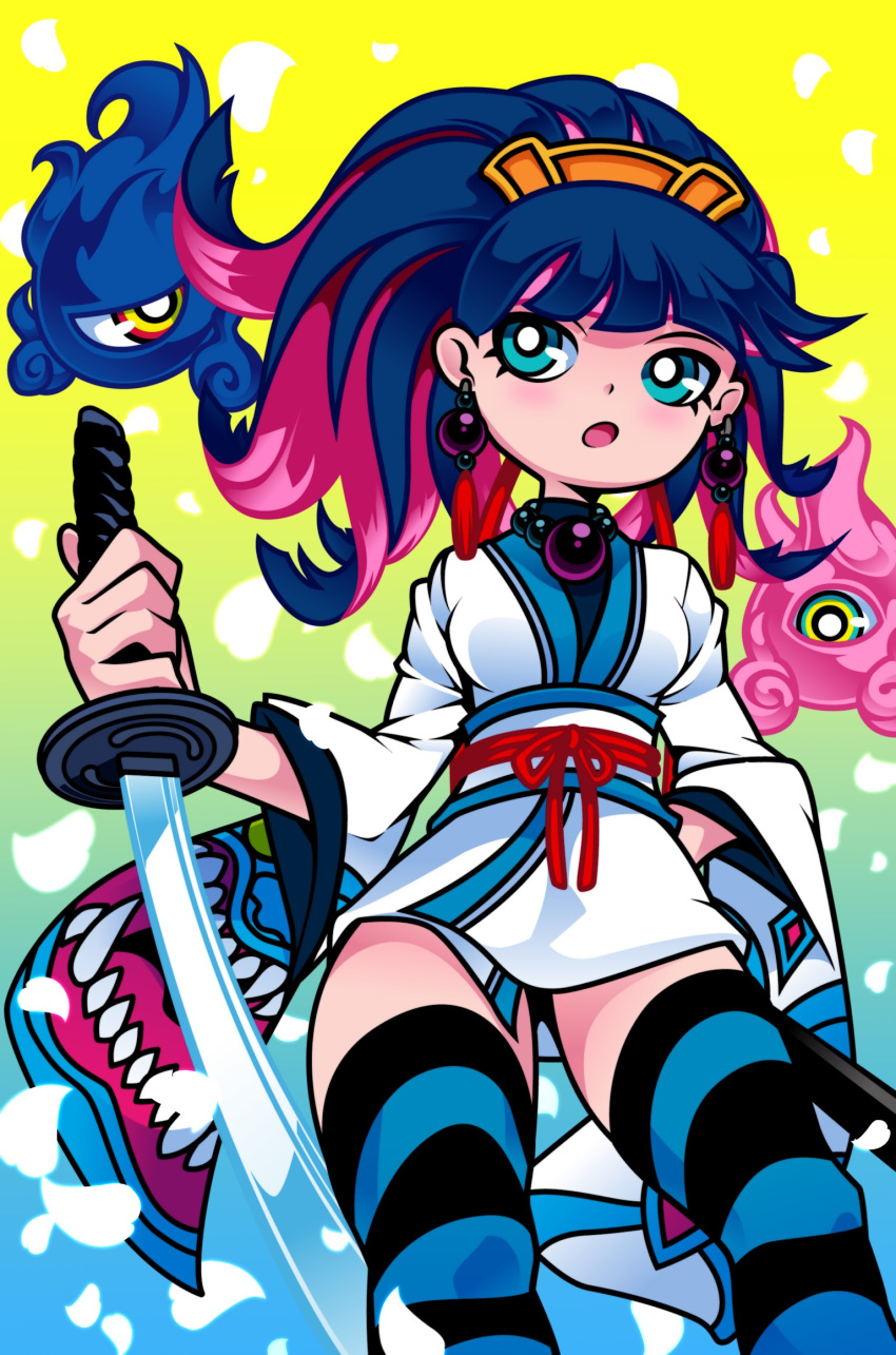 1girl alternate_hairstyle black_hair blue_legwear breasts contrapposto dqn_(rokomoko0) earrings green_eyes hand_on_hip highres holding holding_sword holding_weapon japanese_clothes jewelry katana kimono long_hair medium_breasts monster multicolored_hair necklace obi official_style panty_&amp;_stocking_with_garterbelt pearl_necklace petals pink_hair reverse_grip sash short_kimono solo_focus standing stocking_(psg) striped striped_legwear sword thigh-highs two-tone_hair updo weapon wide_hips zettai_ryouiki