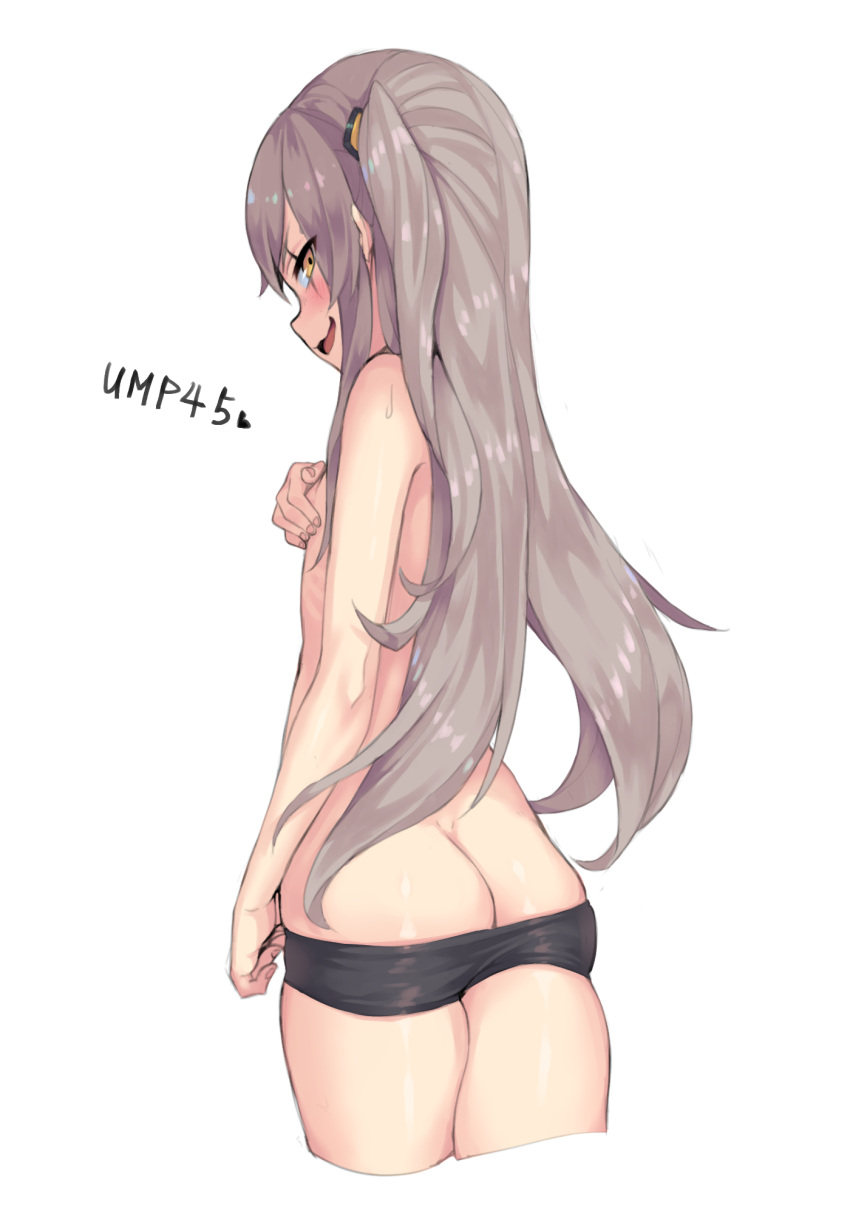 1girl ass blush character_name crossed_legs flat_chest girls_frontline gogongzid highres long_hair looking_at_viewer one_side_up partially_undressed scar scar_across_eye smile solo sweat ump45_(girls_frontline) white_background yellow_eyes