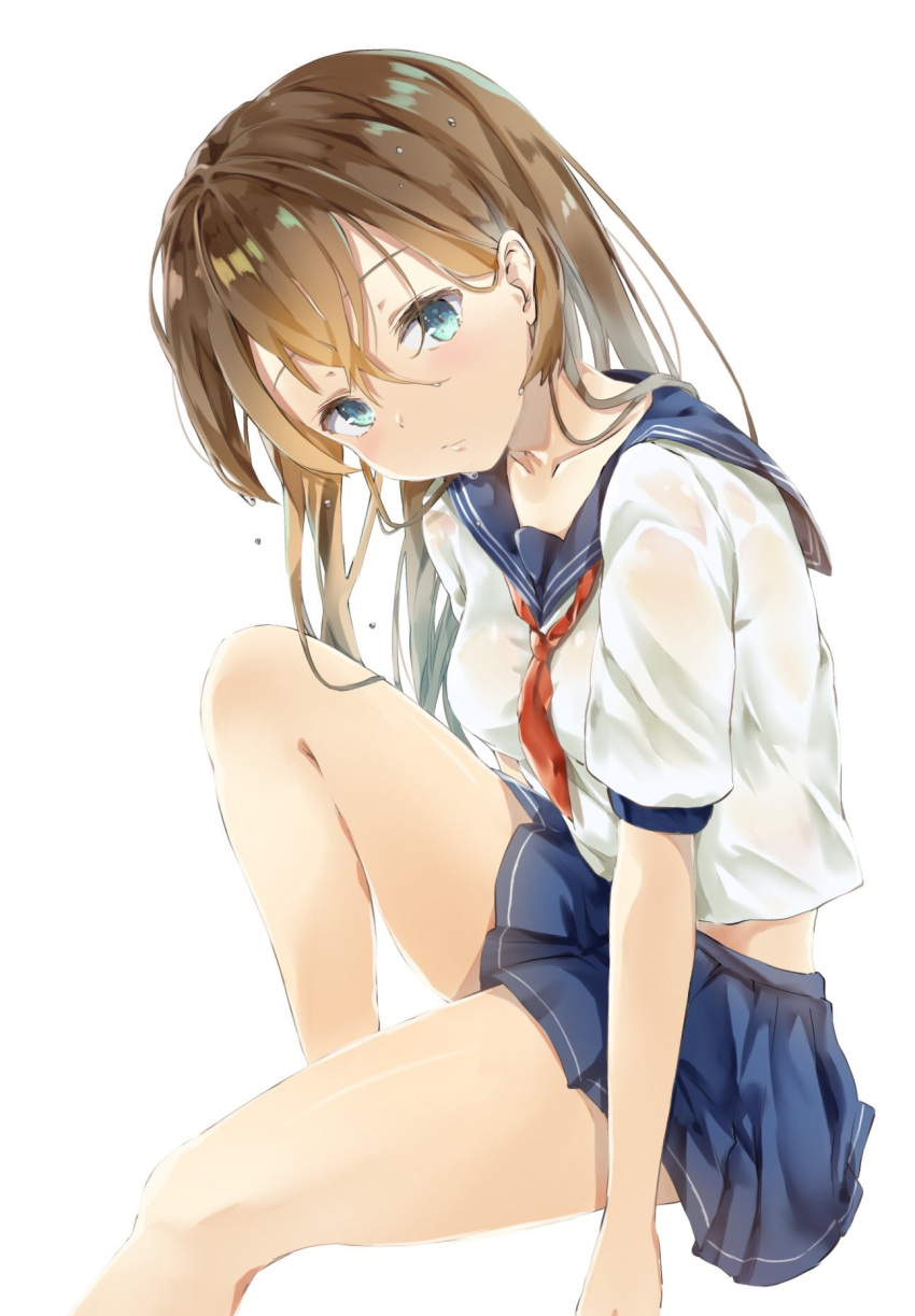 1girl arm_support bangs bare_legs blue_eyes blue_skirt blush breasts brown_hair gradient_hair hair_between_eyes highres knee_up leaning_forward long_hair looking_at_viewer mai_(12mai0426) miniskirt multicolored_hair necktie original pleated_skirt sailor_collar school_uniform see-through serafuku shirt short_sleeves simple_background sitting skirt solo squatting underwear uniform white_background white_skirt