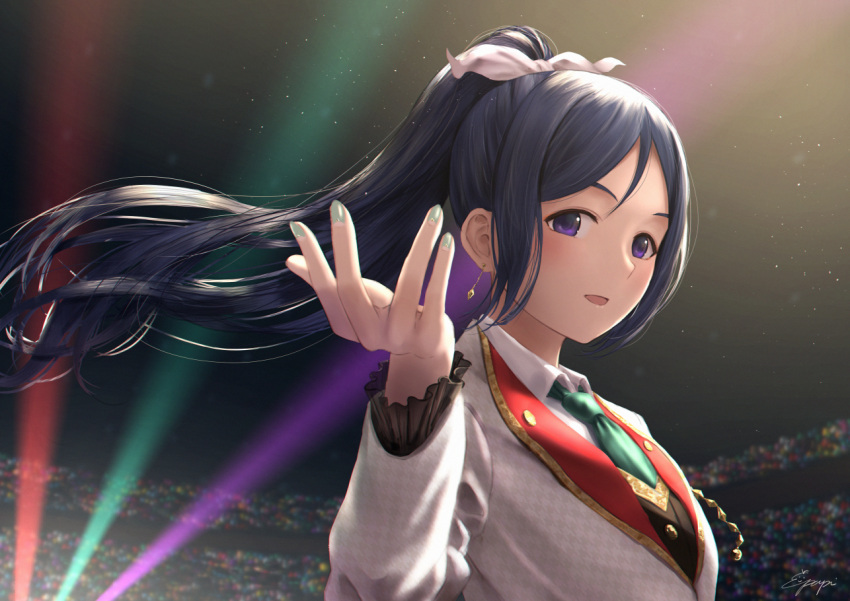 1girl :d aqua_nails bangs blush commentary_request concert earrings floating_hair frilled_sleeves frills green_neckwear hair_ribbon hand_up indoors jacket jewelry juliet_sleeves long_hair long_sleeves looking_at_viewer love_live! love_live!_sunshine!! matsuura_kanan nail_polish necktie open_mouth papi_(papiron100) parted_bangs ponytail puffy_sleeves purple_hair ribbon signature smile stage stage_lights upper_body violet_eyes white_jacket white_ribbon wing_collar
