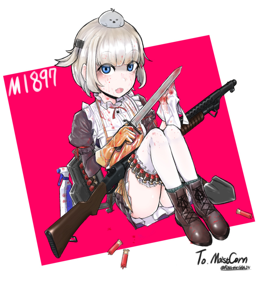 1girl belt blonde_hair blood blood_on_face bloody_clothes blue_eyes character_name combat_knife commentary empty_eyes girls_frontline gloves gun highres knife kongthegrain looking_at_viewer m1897_(girls_frontline) short_hair shotgun shotgun_shells shovel simple_background solo thigh-highs weapon winchester_model_1897