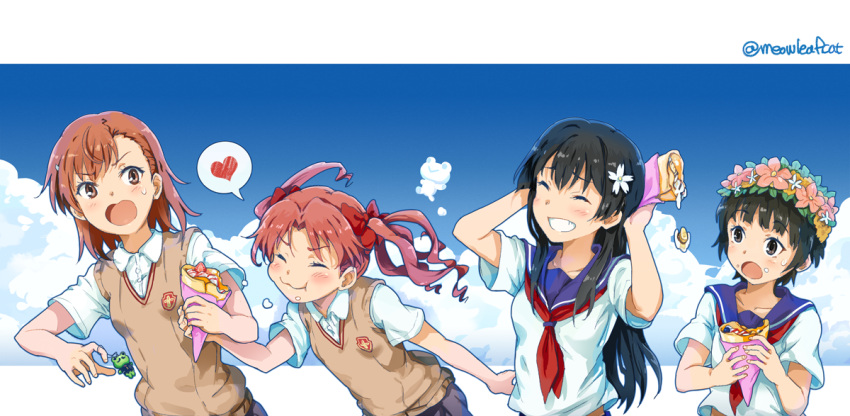 4girls :3 black_eyes black_hair blue_sailor_collar blue_sky brown_eyes brown_hair closed_eyes clouds commentary_request crepe flower food grin ha_neko hair_flower hair_ornament hair_ribbon head_wreath long_hair misaka_mikoto multiple_girls neckerchief open_mouth red_neckwear ribbon sailor_collar sakugawa_school_uniform saten_ruiko school_uniform serafuku shirai_kuroko short_hair sky smile spill sweater_vest to_aru_kagaku_no_railgun to_aru_majutsu_no_index tokiwadai_school_uniform twintails twitter_username uiharu_kazari upper_body