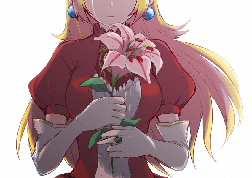 1girl alternate_color blonde_hair breasts brooch closed_mouth crying dress earrings eyebrows_visible_through_hair flower gloves head_out_of_frame holding holding_flower jewelry leaf lily_(flower) long_hair super_mario_bros. medium_breasts misowhite pink_flower princess princess_peach puffy_short_sleeves puffy_sleeves red_dress ring short_sleeves simple_background solo streaming_tears super_smash_bros. tears white_background white_gloves