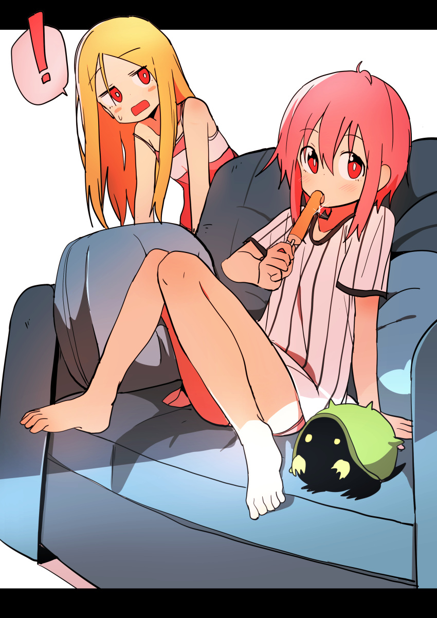 ! 2girls absurdres arm_at_side barefoot blonde_hair blush_stickers bural_chingu camisole convenient_leg couch creature feet_on_chair food full_body hair_between_eyes highres holding holding_food knees_together_feet_apart knees_up lee_ji-eun_(bural_chingu) lee_ji-min letterboxed licking long_hair looking_at_another looking_at_viewer luke_(dydansgur) multiple_girls no_nose no_pants on_couch open_mouth original panties pillow pink_hair popsicle red_eyes shirt short_hair short_sleeves siblings sidelocks sisters sitting spoken_exclamation_mark striped striped_shirt sweatdrop underwear