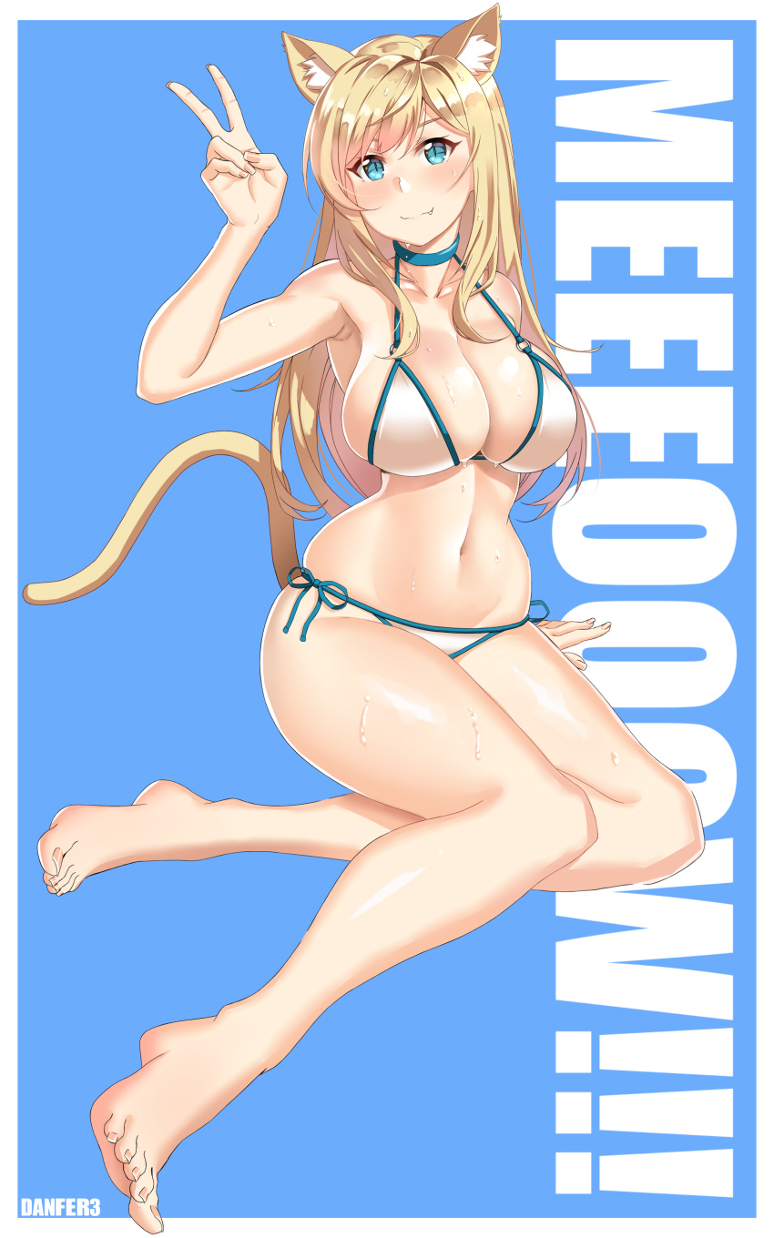 1girl absurdres animal_ears barefoot bikini blonde_hair blue_eyes breasts choker danfer3 fang feet highres large_breasts legs looking_at_viewer original soles solo stomach swimsuit thighs toes v