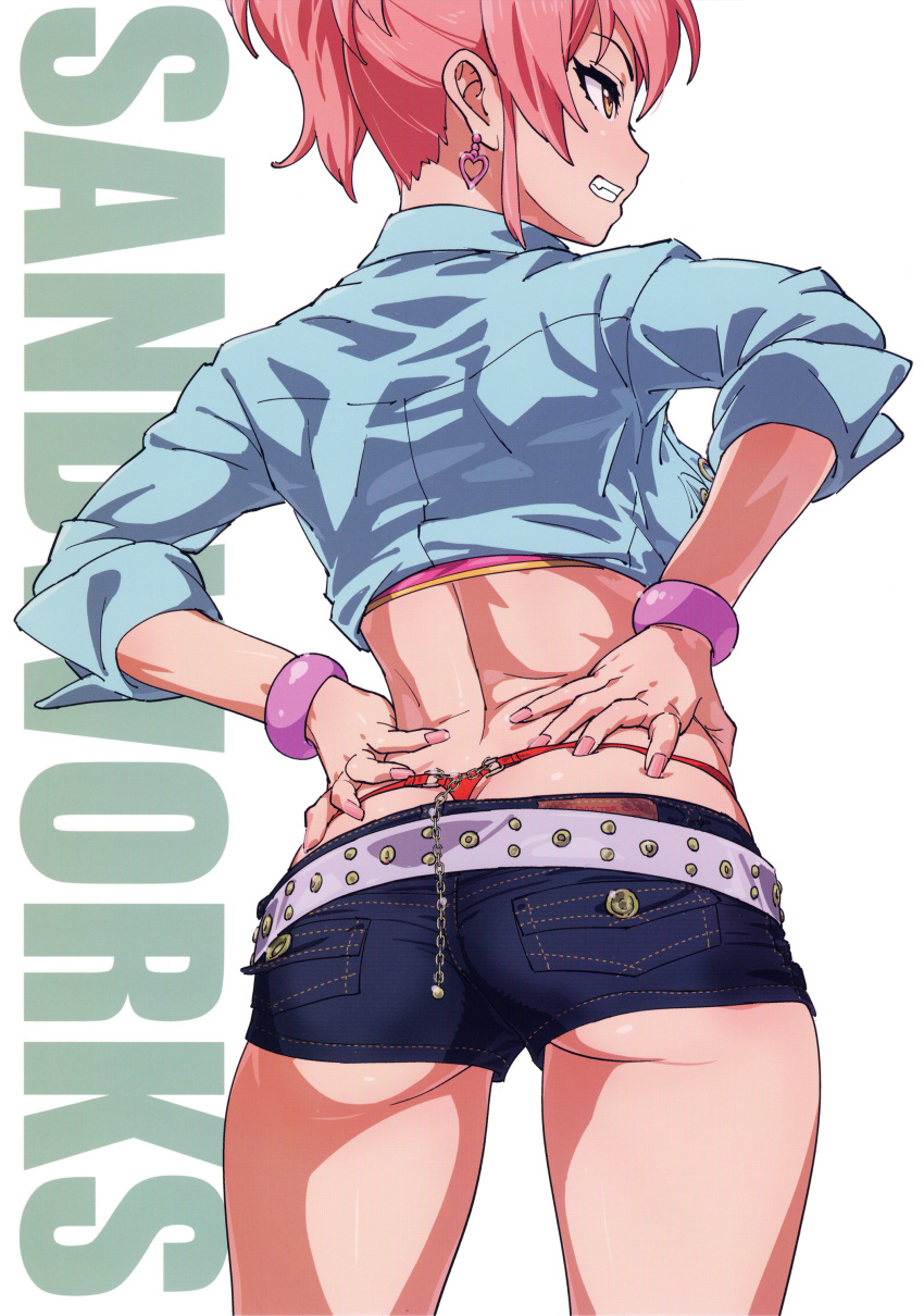 1girl absurdres ass back bangs belt blue_skirt bracelet breasts buttons chain denim denim_shorts earrings eyelashes fingernails from_behind grin hands_on_hips hands_up heart heart_earrings highres hip_focus idolmaster idolmaster_cinderella_girls jewelry jougasaki_mika long_hair looking_away medium_breasts midriff nail_polish parted_lips pink_hair pink_nails ponytail scan shiny shiny_hair shiny_skin shirt short_shorts shorts sidelocks simple_background skirt smile solo suna teeth thighs thong tied_hair tied_shirt whale_tail white_background yellow_eyes