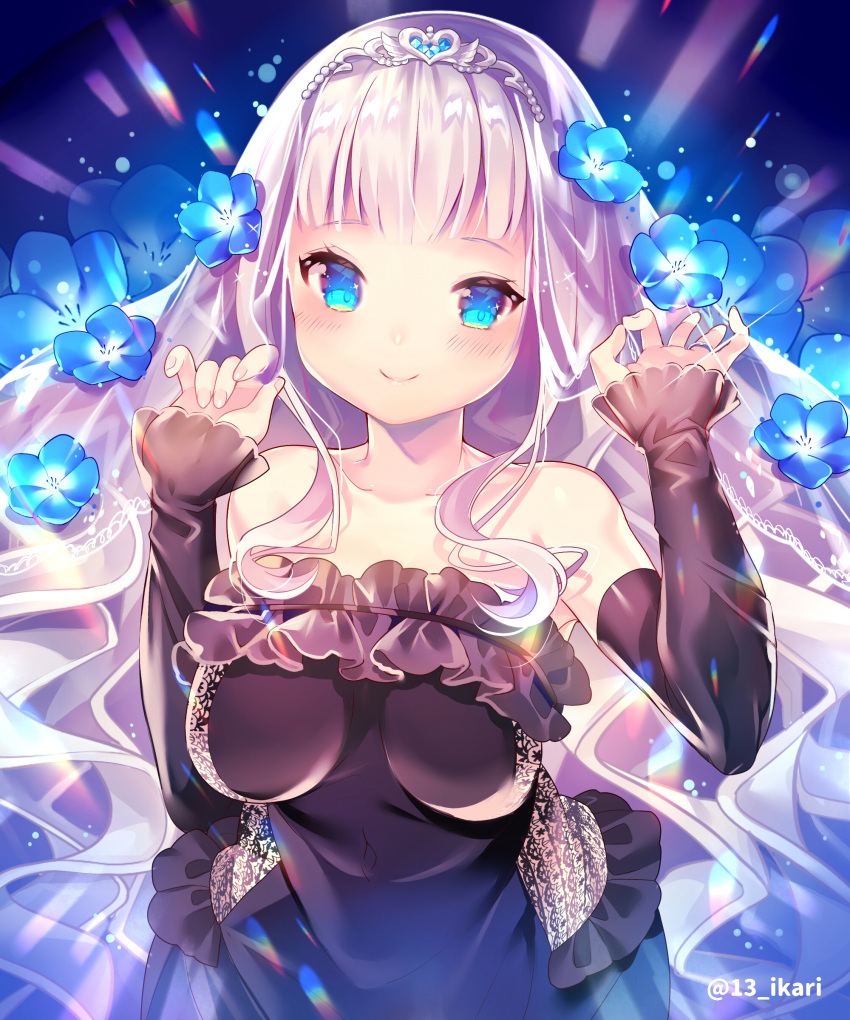 1girl absurdres bare_shoulders black_dress black_sleeves blue_eyes blue_flower blush breasts closed_mouth collarbone commentary_request covered_navel detached_sleeves dress fingernails flower glint hair_flower hair_ornament hands_up heart highres ikari_(aor3507) jewelry long_hair long_sleeves medium_breasts original ring sidelocks silver_hair sleeves_past_wrists smile solo strapless strapless_dress tiara twitter_username very_long_hair