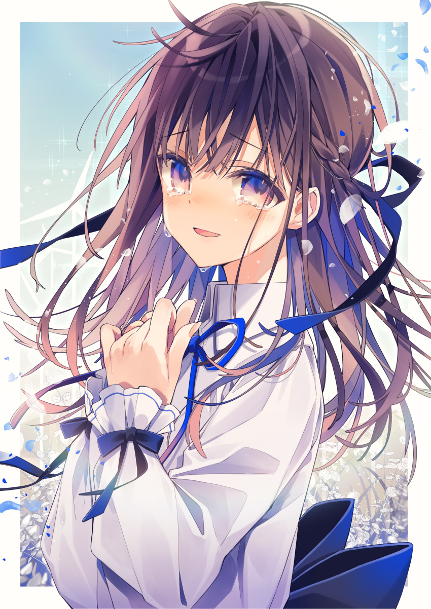 1girl absurdres bangs black_ribbon blue_bow blue_ribbon blush bow braid brown_eyes brown_hair collared_shirt commentary_request eyebrows_visible_through_hair fingernails hair_between_eyes hands_up highres long_hair long_sleeves looking_at_viewer neck_ribbon original oshio_(dayo) parted_lips ribbon shirt sleeves_past_wrists smile solo tearing_up tears upper_body white_shirt