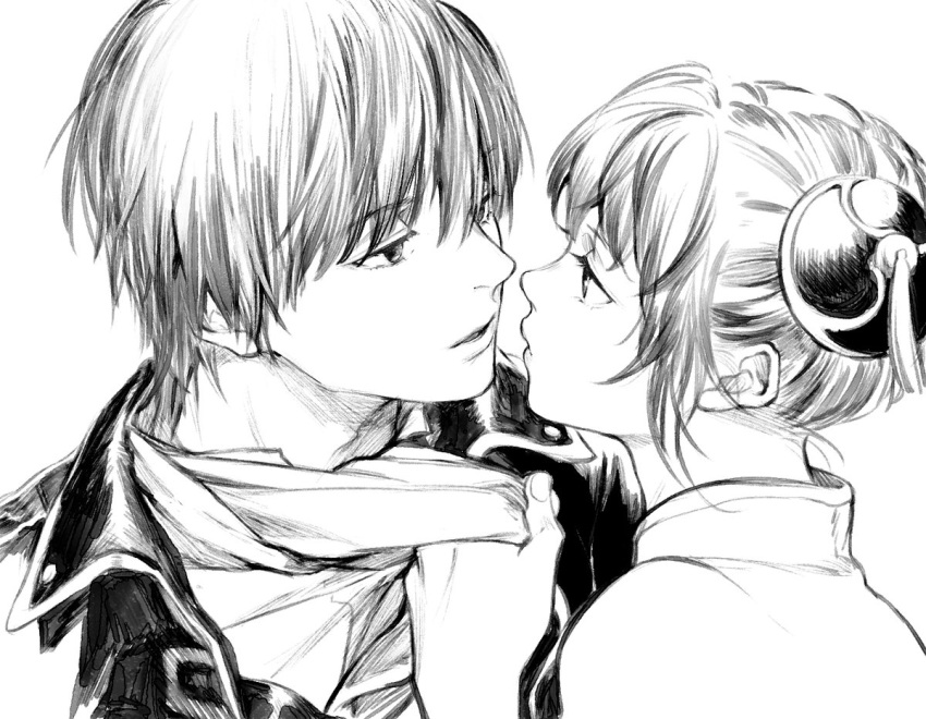 1boy 1girl bun_cover eye_contact eyebrows_visible_through_hair gintama greyscale hair_bun jacket kagura_(gintama) loli_bushi looking_at_another monochrome neckwear_grab okita_sougo shinsengumi_(gintama) sketch uniform upper_body