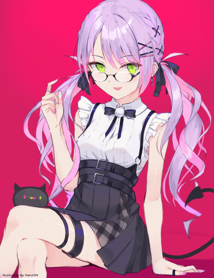 1girl absurdres bangs bibi_(tokoyami_towa) black_bow black_bowtie black_skirt bow bowtie breasts collared_shirt commentary_request crossed_legs demon_tail ear_piercing earrings eyebrows_visible_through_hair feet_out_of_frame glasses green_eyes hair_ornament hairclip high-waist_skirt highres hololive jewelry looking_at_viewer multicolored_hair nail_polish open_mouth piercing pink_hair pink_nails pleated_skirt purple_hair red_background shirt sitting skirt sleeveless sleeveless_shirt small_breasts smile solo suparaisu suspender_skirt suspenders tail thigh_strap tokoyami_towa two-tone_hair virtual_youtuber white_shirt x_hair_ornament