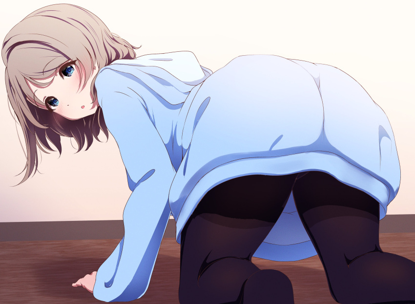 1girl absurdres all_fours amagi_(volfuji) ass black_pantyhose blue_eyes blue_sweater brown_hair grey_hair highres hood long_sleeves looking_at_viewer looking_back love_live! love_live!_sunshine!! pantyhose short_hair solo sweater watanabe_you wooden_floor