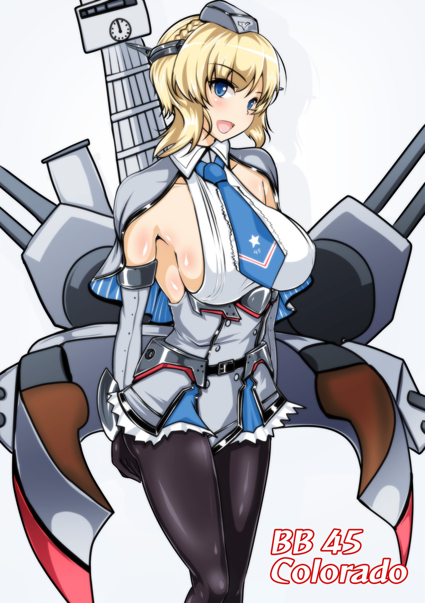 1girl absurdres black_legwear blonde_hair blue_eyes blue_neckwear breasts capelet character_name clock colorado_(kantai_collection) commentary_request cowboy_shot dress eyebrows_visible_through_hair garrison_cap grey_dress grey_headwear hat headgear highres kantai_collection large_breasts looking_at_viewer machinery necktie open_mouth pantyhose sangyou_haikibutsu_a short_hair sideboob simple_background smile solo standing white_background