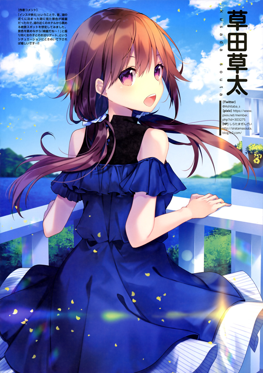 1girl absurdres blue_dress blurry blurry_background brown_hair dress floating_hair from_behind hair_between_eyes highres kusada_souta layered_dress long_hair looking_back low_twintails open_mouth original outdoors shiny shiny_hair solo twintails violet_eyes