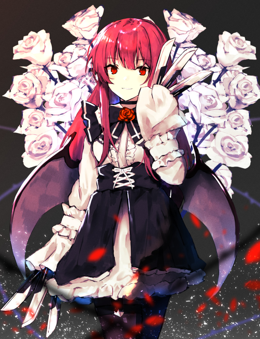 black_background black_choker black_dress black_legwear blurry_foreground chamnaitu choker commentary cowboy_shot dress flower frills grin highres holding holding_knife knife long_sleeves looking_at_viewer original pantyhose red_eyes red_flower red_rose redhead rose shirt sleeves_past_fingers sleeves_past_wrists smile vampire white_flower white_rose white_shirt
