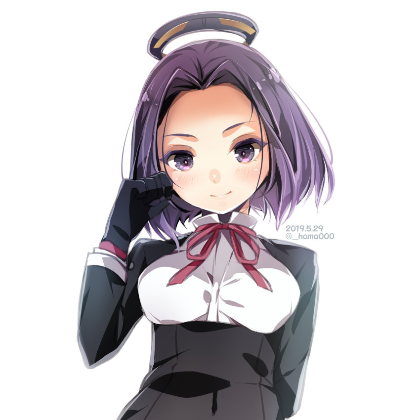 1girl black_gloves commentary_request dated forehead gloves hair_intakes hama_(_hama000) highres kantai_collection looking_at_viewer mechanical_halo neck_ribbon purple_hair ribbon short_hair simple_background smile solo tatsuta_(kantai_collection) twitter_username upper_body violet_eyes white_background