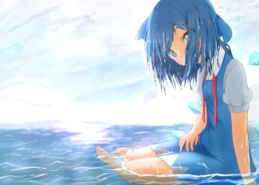 1girl arm_support barefoot blue_dress blue_eyes blue_hair bow breasts cirno clouds cloudy_sky commentary day dress eyes_visible_through_hair hair_bow hair_over_mouth hair_over_one_eye hand_on_lap head_tilt highres horizon in_water looking_at_viewer mizune_(winter) neck_ribbon ocean outdoors pinafore_dress puffy_short_sleeves puffy_sleeves red_neckwear ribbon shirt short_hair short_sleeves sitting sky small_breasts solo thick_eyebrows touhou untied water_drop wet wet_clothes wet_hair white_shirt wings yokozuwari