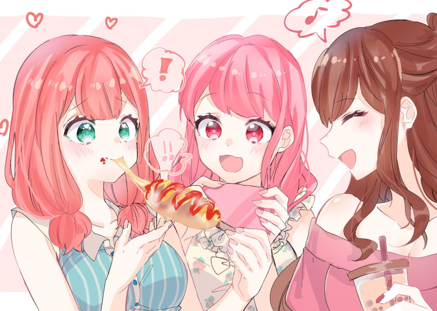 ! !! 3girls :d ^_^ bang_dream! bangs bare_shoulders blue_shirt brown_hair cellphone closed_eyes cup diagonal-striped_background diagonal_stripes eating floral_print food food_on_face food_request green_eyes half_updo hana_kon_(17aaammm) highres holding holding_cup holding_phone imai_lisa long_hair low_twintails maruyama_aya multiple_girls musical_note nail_polish off-shoulder_shirt off_shoulder open_mouth phone pink_eyes pink_hair pink_nails pink_shirt print_shirt red_nails shirt smartphone smile spoken_exclamation_mark spoken_musical_note striped striped_background striped_shirt twintails uehara_himari upper_body vertical-striped_shirt vertical_stripes yellow_shirt