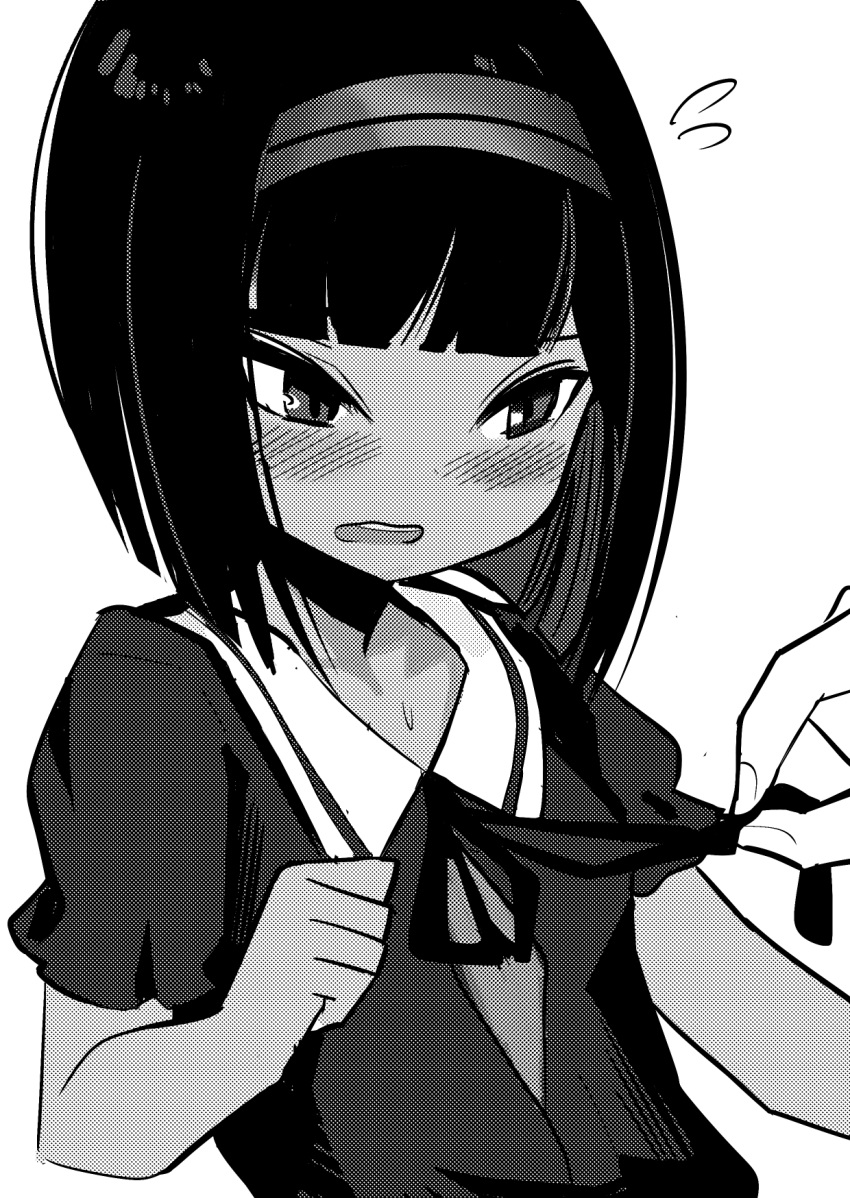 1girl bangs blush collared_dress dark_skin fingernails flying_sweatdrops greyscale hairband highres monochrome neck_ribbon open_mouth original out_of_frame ribbon short_hair short_sleeves simple_background solo_focus sweat toy_box-r upper_body upper_teeth white_background
