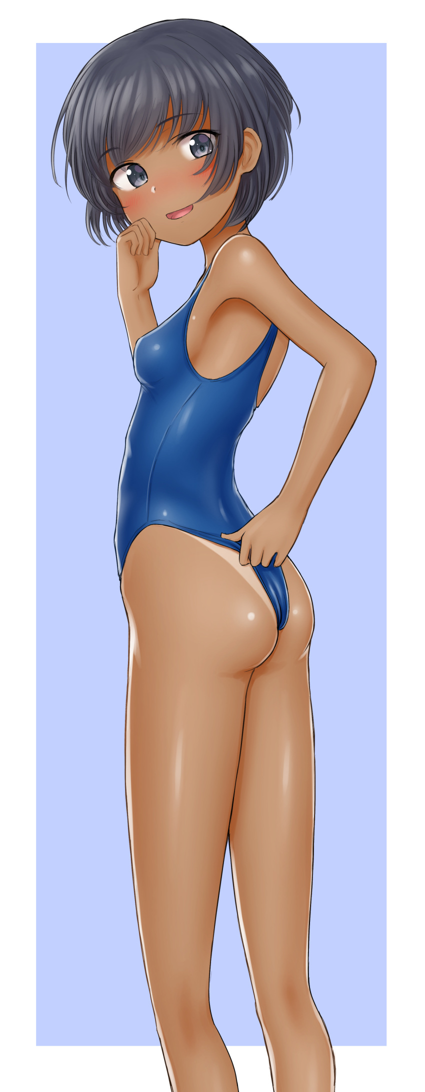1girl absurdres adjusting_clothes adjusting_swimsuit ass black_eyes black_hair blue_background blue_swimsuit border breasts dark_skin feet_out_of_frame highres looking_at_viewer new_school_swimsuit nyarukac one-piece_tan original school_swimsuit short_hair small_breasts solo standing swimsuit tan tanline two-tone_background white_border