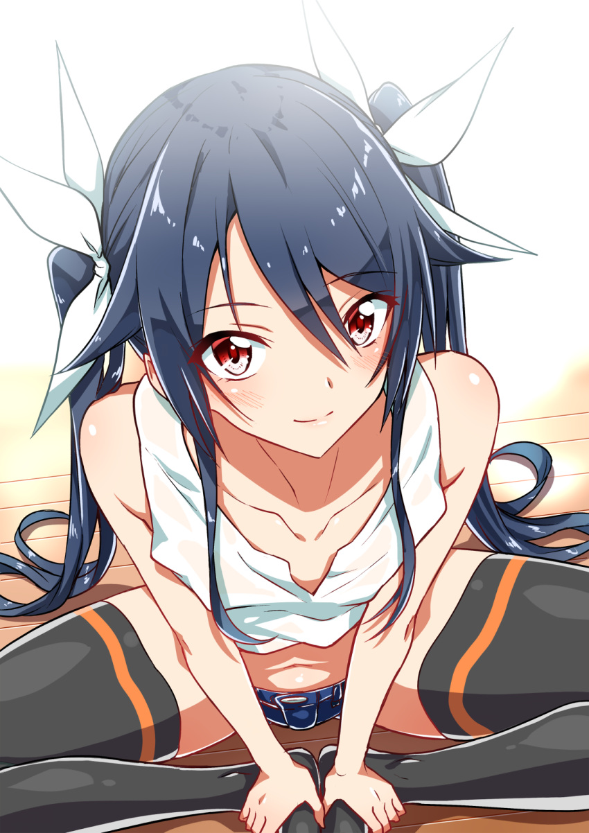 1girl bangs bare_arms bare_shoulders black_hair black_legwear blue_shorts butterfly_sitting closed_mouth collarbone commentary_request denim denim_shorts eyebrows_visible_through_hair flat_chest from_above hair_between_eyes hair_ribbon hands_on_own_feet highres long_hair looking_at_viewer navel on_floor ore_twintail_ni_narimasu red_eyes ribbon shiny shiny_hair shorts sidelocks sitting sitting_on_floor smile solo swept_bangs thigh-highs tsube_aika twintails very_long_hair white_ribbon white_tank_top wooden_floor yuto_(dialique)