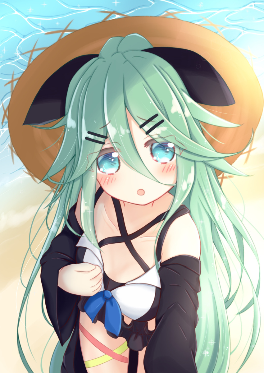 1girl :o alternate_costume bangs bare_shoulders beach bikini black_bikini black_jacket black_ribbon blue_eyes blush breasts collarbone commentary_request day embarrassed eyebrows_visible_through_hair frilled_bikini frills green_hair hair_between_eyes hair_ornament hair_ribbon hairclip hat head_tilt high_ponytail highres jacket kantai_collection long_hair long_sleeves looking_at_viewer ocean open_mouth outdoors ponytail ribbon ridy_(ri_sui) sand small_breasts solo straw_hat sun_hat swimsuit very_long_hair water wide_sleeves yamakaze_(kantai_collection)