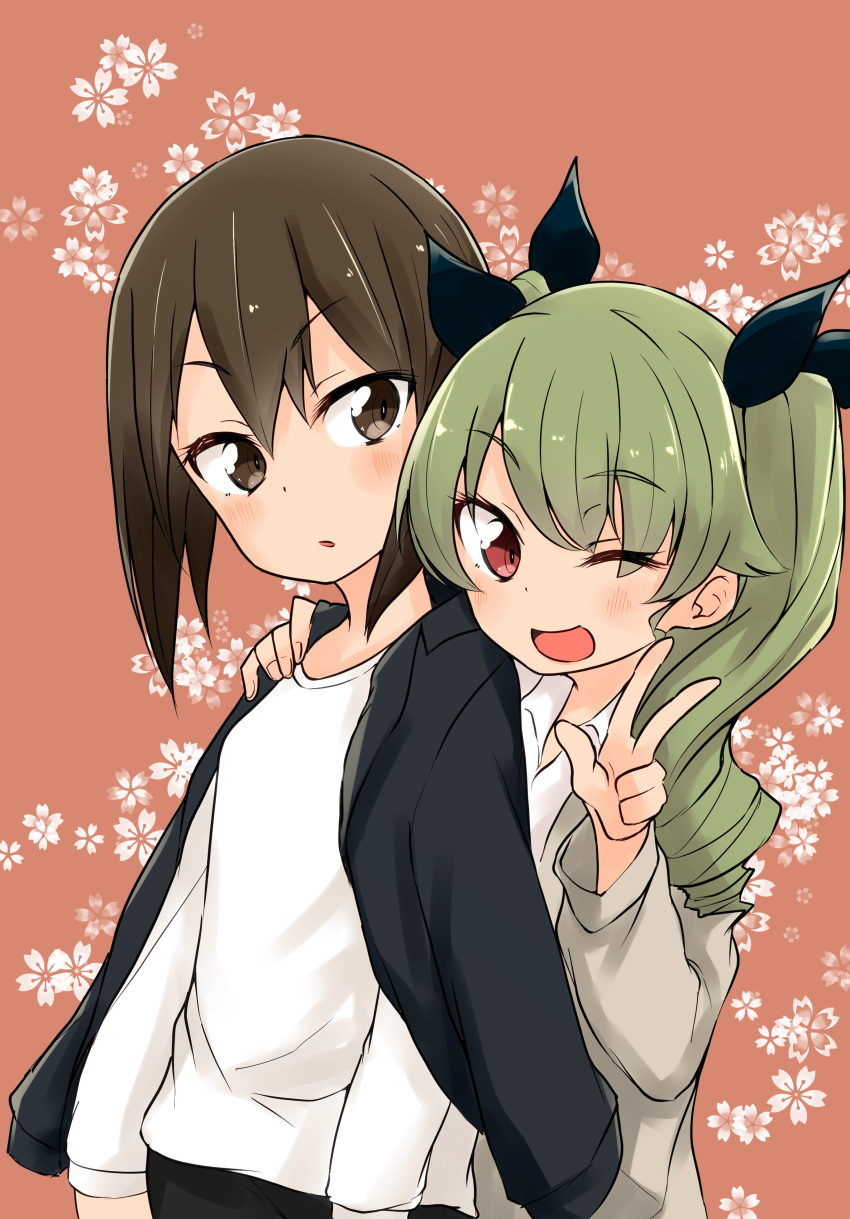 absurdres anchovy bangs barashiya brown_eyes brown_hair commentary_request drill_hair eyebrows_visible_through_hair floral_background girls_und_panzer green_hair hair_ribbon hand_on_another's_shoulder highres long_hair nishizumi_maho one_eye_closed open_mouth red_eyes ribbon shirt short_hair twin_drills twintails v white_shirt