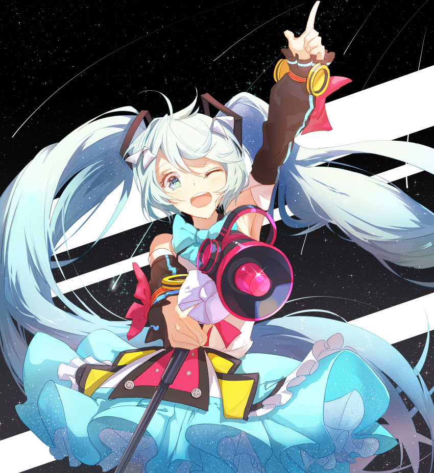 1girl ;d arm_up bare_shoulders black_background black_sleeves blue_skirt blush commentary detached_sleeves frilled_skirt frills green_eyes green_hair hair_ornament hair_ribbon hatsune_miku head_tilt highres holding index_finger_raised long_hair long_sleeves magical_mirai_(vocaloid) megaphone one_eye_closed open_mouth outstretched_arm ribbon round_teeth shirt skirt sleeveless sleeveless_shirt sleeves_past_wrists smile solo taka_(0taka) teeth twintails upper_teeth very_long_hair vocaloid white_ribbon white_shirt