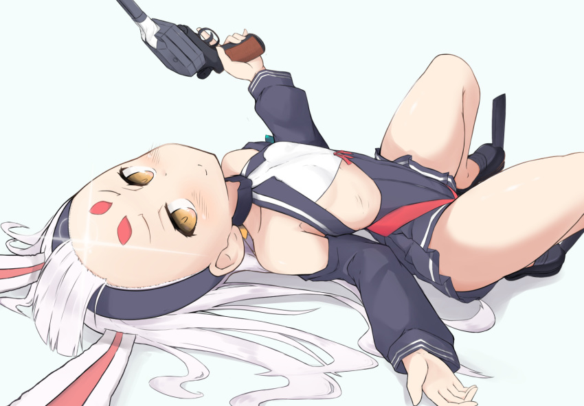 1girl animal_ears arm_up azur_lane bikini_bottom black_footwear black_skirt brown_eyes commentary_request detached_sleeves flat_chest forehead gun hairband knees_up legs long_hair looking_at_viewer lying miniskirt on_back outstretched_arms rabbit_ears red_bikini_bottom robokumodoki shimakaze_(azur_lane) shiny_forehead shoes simple_background skirt smile solo swimsuit_over_clothes thighs weapon white_background white_hair