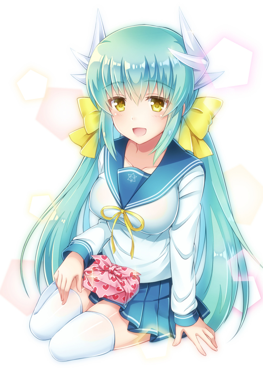 1girl alternate_costume alternate_hairstyle aqua_hair blue_sailor_collar blue_skirt bow breasts dragon_girl dragon_horns eyebrows_visible_through_hair fate/grand_order fate_(series) hair_bow highres horns kiyohime_(fate/grand_order) large_breasts long_hair long_sleeves neck_ribbon pleated_skirt ribbon sailor_collar school_uniform serafuku shirt skirt solo suzumia_(daydream) thigh-highs twintails white_legwear white_shirt yellow_bow yellow_eyes yellow_ribbon