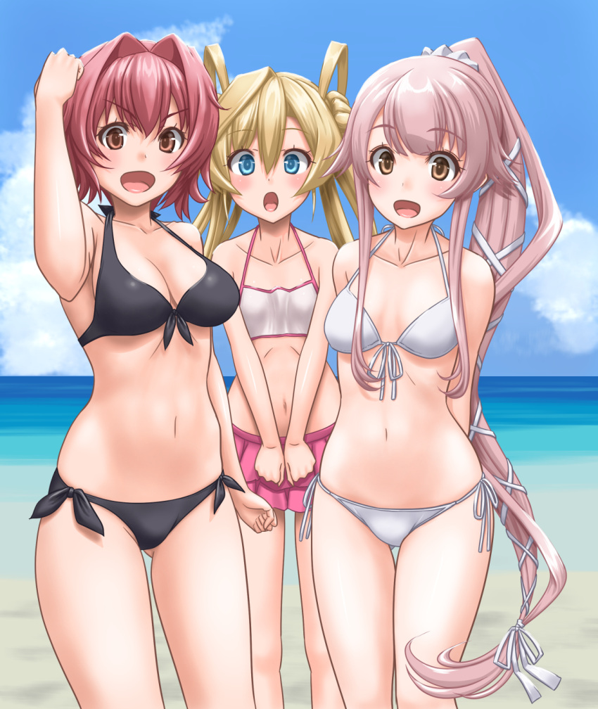 3girls abukuma_(kantai_collection) beach bikini black_bikini blonde_hair blue_eyes blue_sky blush breasts brown_eyes clouds double_bun eyebrows_visible_through_hair hair_between_eyes hair_flaps hair_ribbon hair_rings highres kantai_collection kinu_(kantai_collection) long_hair medium_breasts miniskirt multiple_girls navel ocean open_mouth pink_hair ponytail redhead ribbon short_hair side_ponytail skirt sky small_breasts swimsuit t2r very_long_hair white_bikini yura_(kantai_collection)