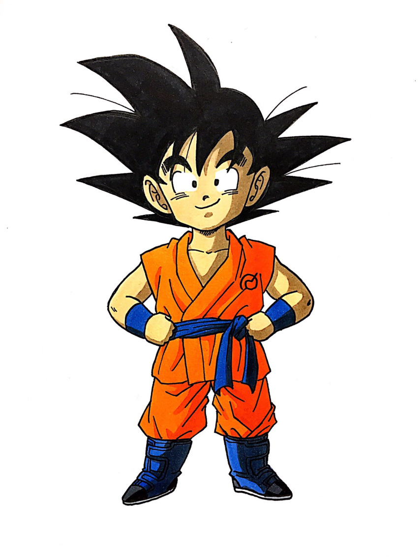 1boy black_eyes black_hair blue_footwear boots clenched_hands clothes_writing commentary_request dougi dragon_ball dragon_ball_super dragon_ball_z_fukkatsu_no_f full_body hands_on_hips highres lee_(dragon_garou) looking_at_viewer male_focus shaded_face simple_background smile son_gokuu spiky_hair standing white_background wristband