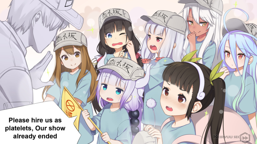 1boy 6+girls ahoge angry backpack bag bangs baseball_cap beads black_eyes black_hair blue_eyes blue_hair blue_shirt blunt_bangs blush bobby_socks brown_eyes brown_hair brown_headwear cheek_pinching child chloe_von_einzbern cosplay crossover dark_skin dragon_girl dragon_horns embarrassed english_text eyebrows_visible_through_hair fate/kaleid_liner_prisma_illya fate_(series) flag flat_cap gradient_hair hachikuji_mayoi hair_beads hair_between_eyes hair_ornament hair_ribbon hairband hat hataraku_saibou highres hinatsuru_ai holding horns hoshimiya_kate kanna_kamui kobayashi-san_chi_no_maidragon lavender_hair long_hair looking_at_another low_twintails meme monogatari_(series) multicolored_hair multiple_crossover multiple_girls naganawa_maria no_game_no_life odd_one_out one_eye_closed open_mouth paavuchi pain pinching platelet_(hataraku_saibou) platelet_(hataraku_saibou)_(cosplay) purple_hair red_eyes ribbon ryuuou_no_oshigoto! seiyuu_connection sekai_seifuku:_bouryaku_no_zvezda shiro_(no_game_no_life) shirt short_sleeves silver_hair simple_background smile smirk socks tail tan tearing_up twintails u-1146 very_long_hair white_blood_cell_(hataraku_saibou) white_hair white_headwear white_skin wince yellow_eyes yellow_ribbon