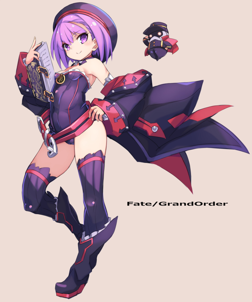 1girl bare_shoulders beige_background belt black_headwear book breasts colonel_olcott_(fate/grand_order) detached_collar detached_sleeves fate/grand_order fate_(series) full_body helena_blavatsky_(fate/grand_order) highres holding holding_book karukan_(monjya) leotard purple_hair purple_legwear purple_leotard short_hair simple_background small_breasts strapless strapless_leotard thigh-highs tree_of_life violet_eyes white_sleeves