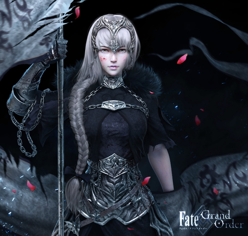 1girl 3d armor artist_request fate/grand_order fate_(series) grey_hair headpiece highres jeanne_d'arc_(alter)_(fate) jeanne_d'arc_(fate)_(all) long_hair weapon