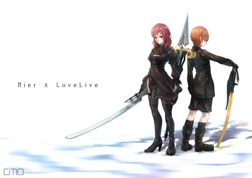 2girls absurdres black_clothes boots copyright_name cosplay dms highres hoshizora_rin katana love_live! love_live!_school_idol_project multiple_girls nier_(series) nier_automata nishikino_maki polearm shorts side_slit spear sword thigh-highs thigh_boots weapon yorha_no._2_type_b yorha_no._2_type_b_(cosplay) yorha_no._9_type_s yorha_no._9_type_s_(cosplay)