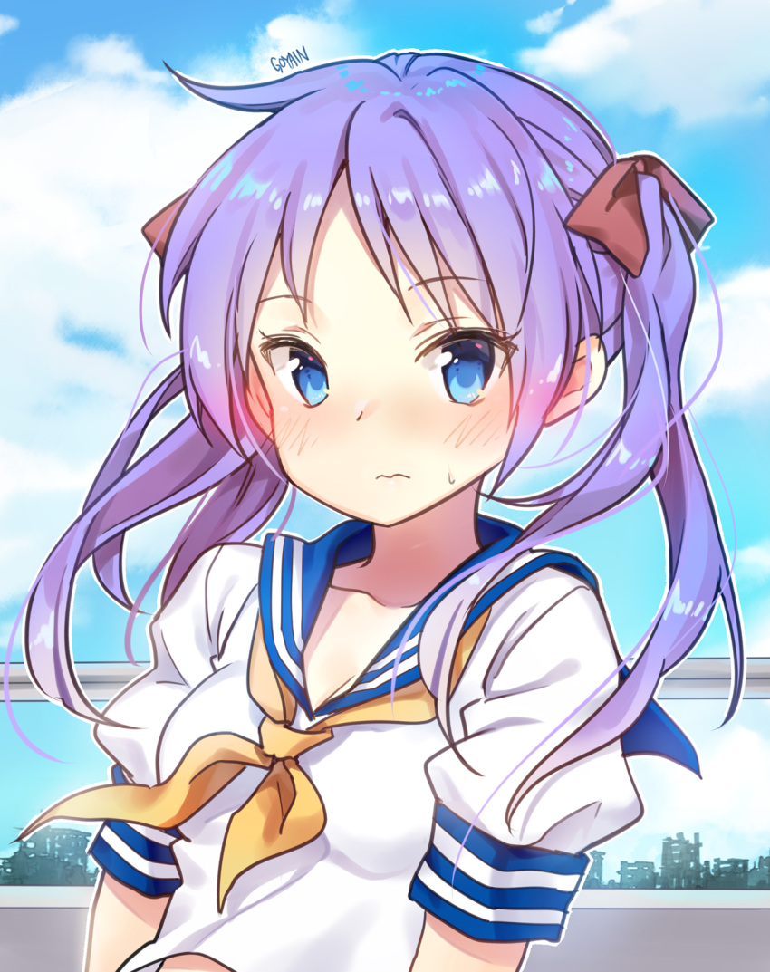 1girl bangs blue_eyes blue_sailor_collar blue_sky blush bow closed_mouth clouds cloudy_sky commentary day eyebrows_visible_through_hair goyain hair_bow highres hiiragi_kagami indoors long_hair looking_at_viewer lucky_star neckerchief puffy_short_sleeves puffy_sleeves purple_hair red_bow ryouou_school_uniform sailor_collar school_uniform shirt short_sleeves signature sky solo sweat twintails upper_body wavy_mouth white_shirt yellow_neckwear