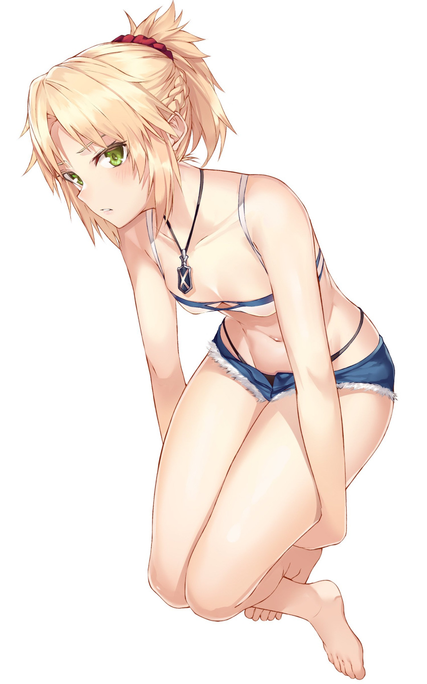1girl absurdres barefoot blonde_hair bra braid breasts commentary_request cutoffs denim denim_shorts fate/apocrypha fate/grand_order fate_(series) french_braid full_body green_eyes hair_ornament hair_scrunchie highleg highleg_panties highres jewelry mordred_(fate) mordred_(fate)_(all) navel panties parted_lips pendant ponytail scrunchie short_shorts shorts small_breasts solo suigetsu_(hjs1106) underwear white_background
