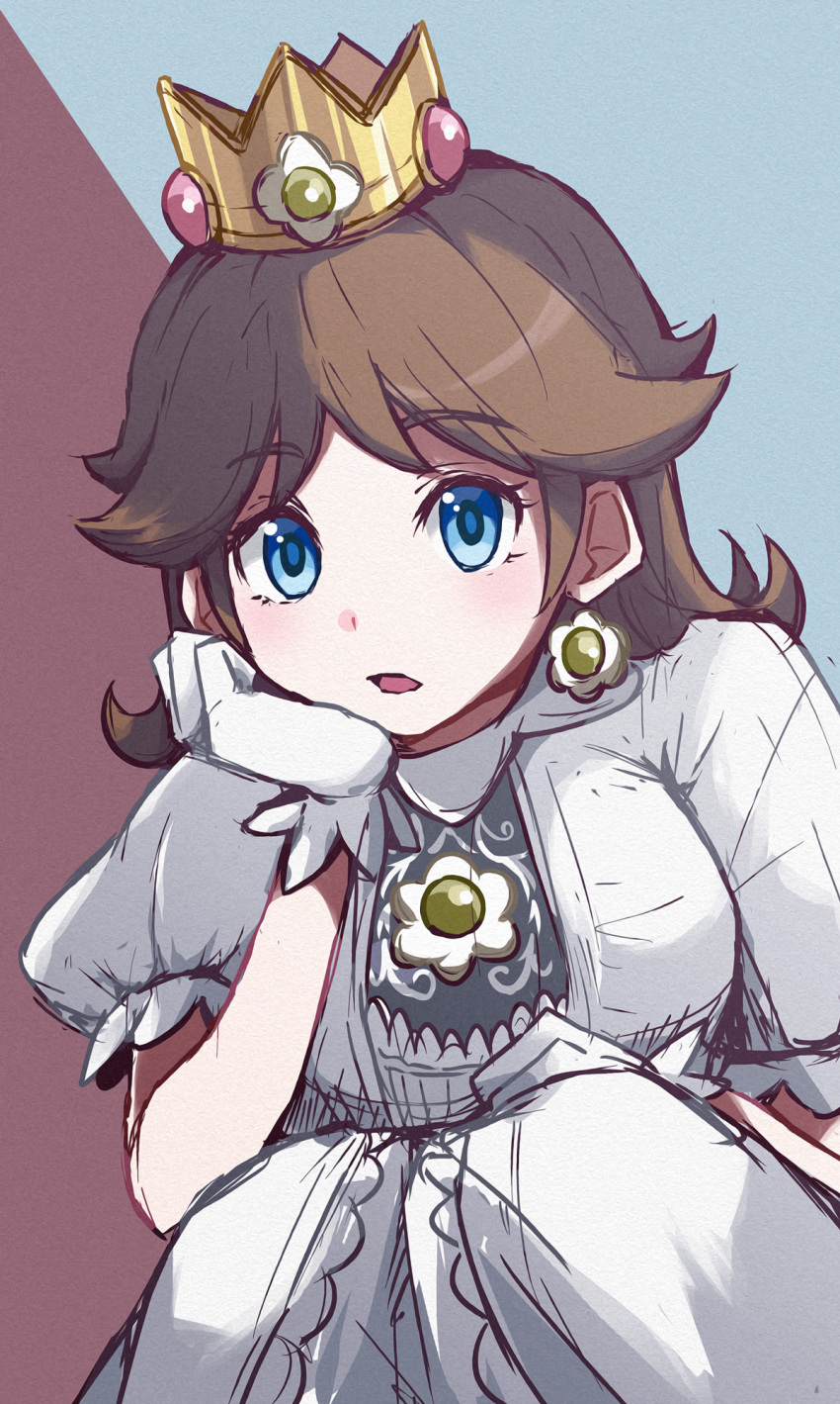 1girl alternate_color blue_eyes brooch brown_hair crown dress earrings eyebrows_visible_through_hair flipped_hair flower_earrings gem gloves highres jewelry looking_at_viewer super_mario_bros. medium_hair misowhite open_mouth princess princess_daisy puffy_short_sleeves puffy_sleeves short_sleeves solo super_smash_bros. two-tone_background white_dress white_gloves