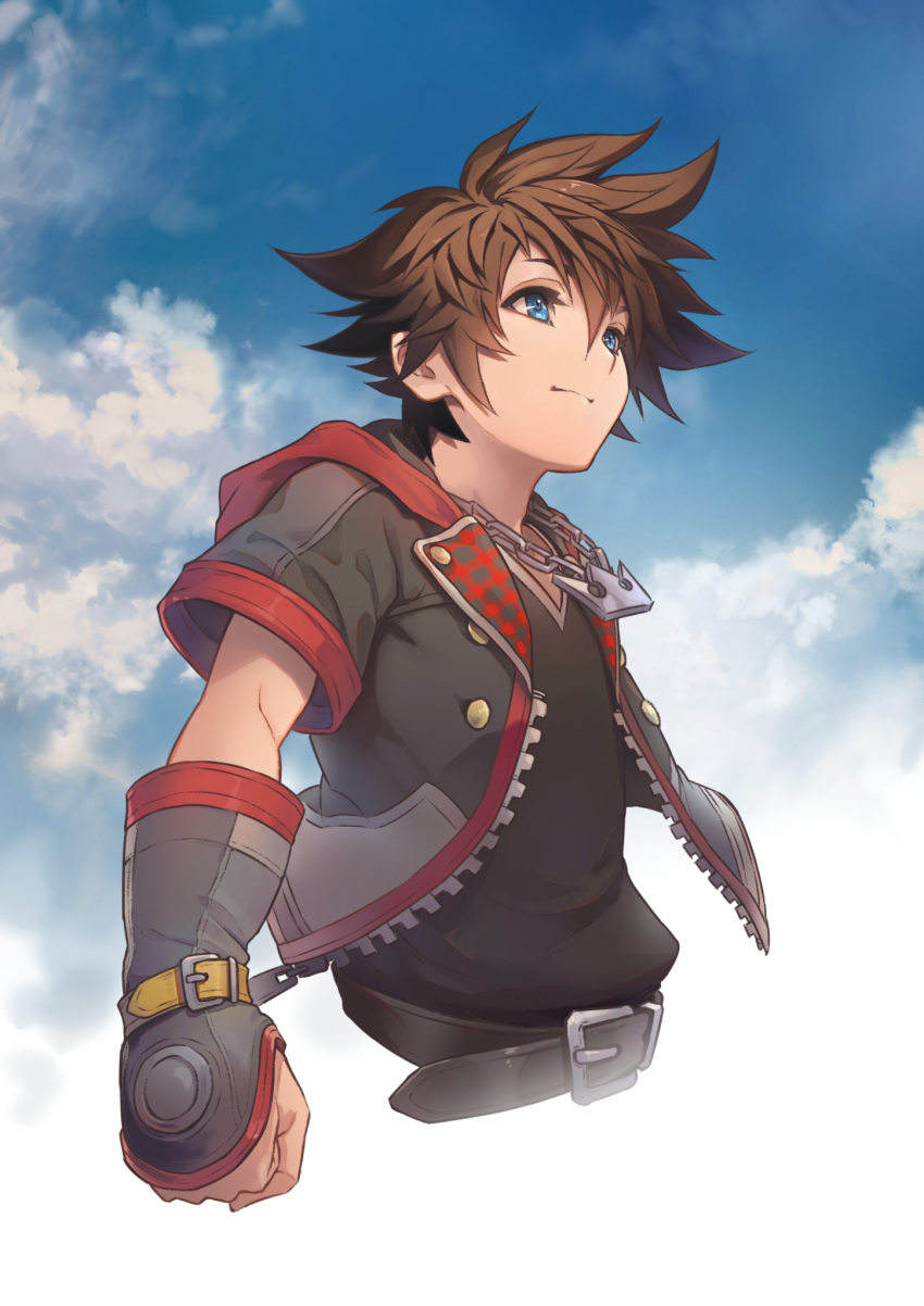 1boy belt belt_buckle black_shirt blue_eyes blue_sky brown_belt brown_hair buckle buttons clenched_hand closed_mouth clouds cloudy_sky commentary_request disney eito_nishikawa fingerless_gloves gloves grey_gloves grey_hoodie highres hood hoodie jewelry kingdom_hearts kingdom_hearts_iii looking_afar male_focus necklace shirt sky smile solo sora_(kingdom_hearts) square_enix upper_body zipper zipper_pull_tab