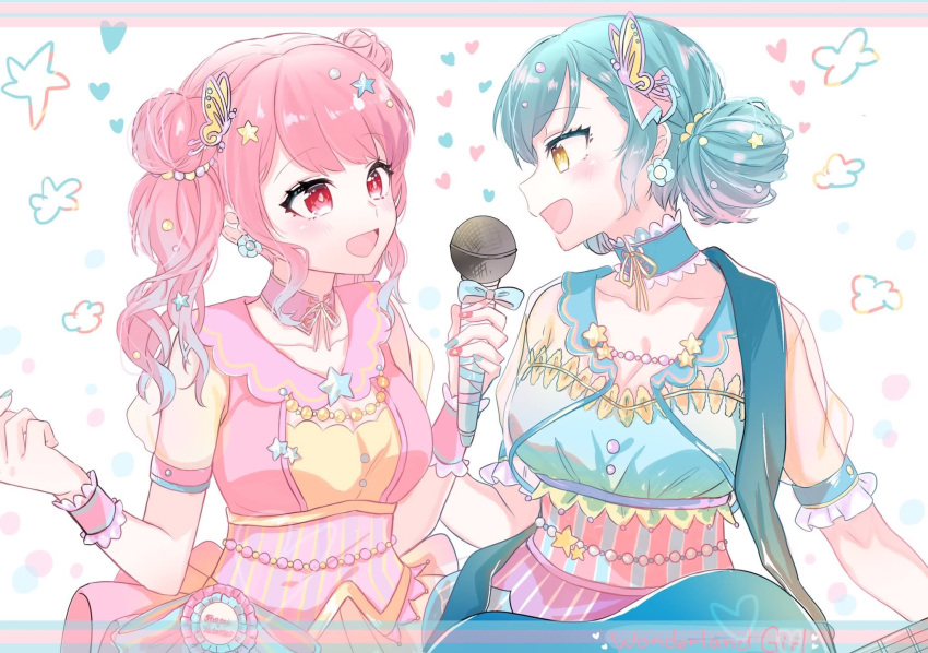 2girls :d alternate_hairstyle aqua_dress aqua_hair aqua_nails bang_dream! bangs blue_ribbon blush butterfly_hair_ornament collarbone detached_collar double_bun dress earrings electric_guitar flower_earrings green_eyes guitar hair_ornament hana_kon_(17aaammm) heart highres hikawa_hina holding holding_microphone instrument jewelry looking_at_another maruyama_aya microphone multicolored multicolored_nails multiple_girls nail_polish open_mouth pink_dress pink_eyes pink_hair pink_nails ribbon see-through short_sleeves sidelocks smile star star_hair_ornament twintails upper_body wrist_cuffs