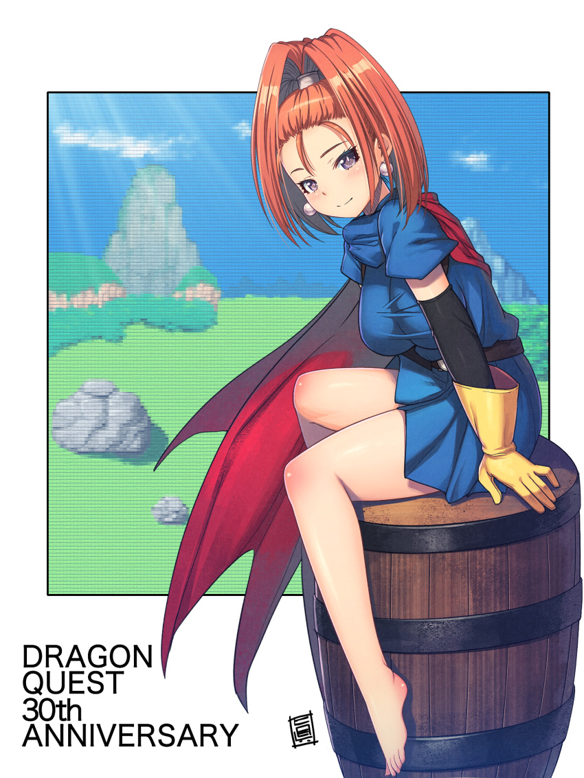 1girl anniversary barbara bare_legs barefoot barrel blue_dress blue_sky breasts cape closed_mouth clouds day dragon_quest dragon_quest_vi dress earrings gloves high_ponytail highres jewelry large_breasts light_rays looking_at_viewer mahito medium_hair orange_hair ponytail red_cape short_dress sitting sitting_on_object sky smile solo violet_eyes wide_ponytail yellow_gloves