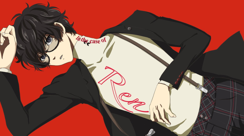 1boy amamiya_ren arm_up black_hair blazer clothes_writing glasses hand_on_own_stomach highres jacket looking_at_viewer lying on_back open_clothes open_jacket pants parody parted_lips persona persona_5 persona_5_the_animation plaid plaid_pants red_background shirt shuujin_academy_uniform simple_background suspenders turtleneck white_shirt