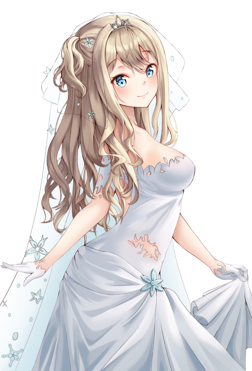 1girl :d bangs bare_shoulders blonde_hair blue_eyes blush breasts bridal_veil bride closed_mouth detached_sleeves dress eyebrows_visible_through_hair flower girls_frontline gloves hair_flower hair_ornament happy highres holding holding_clothes jewelry looking_at_viewer makeup one_side_up open_mouth profile rino_rea short_sleeves side_ponytail simple_background smile solo standing star star_print strapless strapless_dress suomi_kp31_(girls_frontline) tiara veil wavy_hair wedding wedding_dress white_background white_dress white_gloves