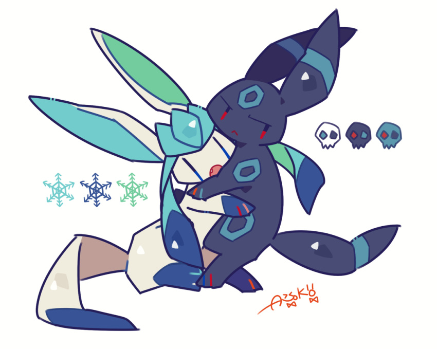 alternate_color annoyed artist_name auko blue_eyes commentary_request fang full_body gen_2_pokemon gen_4_pokemon glaceon half-closed_eyes hug looking_to_the_side no_humans open_mouth poke_ball_symbol pokemon pokemon_(creature) red_eyes shiny_pokemon signature simple_background skull snowflakes umbreon white_background