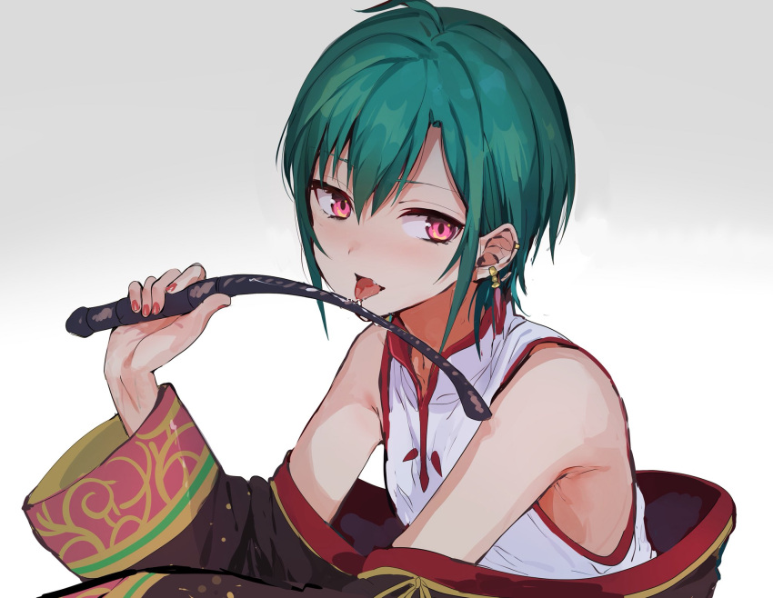 1other ahoge androgynous bad_id bad_twitter_id chinese_clothes earrings green_hair highres jewelry konbu_wakame licking nijisanji red_nails ryuushen short_hair solo violet_eyes virtual_youtuber whip