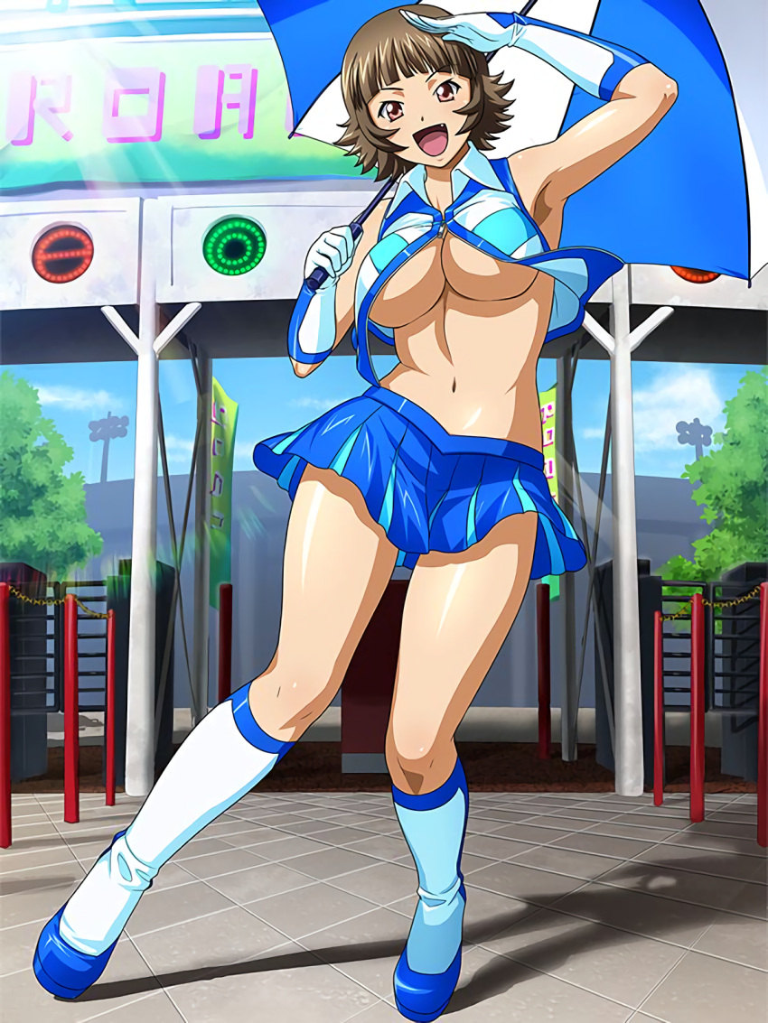 1girl :d bangs blue_skirt blunt_bangs boots breasts brown_eyes brown_hair chouhi_ekitoku contrapposto day elbow_gloves fang full_body gloves highres holding holding_umbrella ikkitousen knee_boots large_breasts looking_at_viewer midriff miniskirt navel open_mouth outdoors pleated_skirt racequeen salute shiny shiny_hair shiny_skin short_hair skirt smile solo standing stomach striped_umbrella sunlight umbrella under_boob white_footwear white_gloves wing_collar