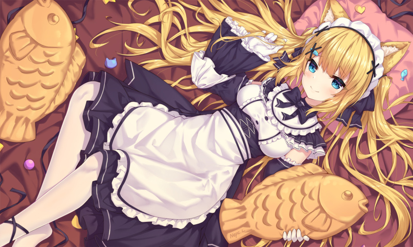 1girl animal_ear_fluff animal_ears apron bangs bed_sheet black_bow black_ribbon black_skirt black_sleeves blonde_hair blue_eyes blush bow breasts cat_ears chinese_commentary closed_mouth commentary_request detached_sleeves dutch_angle eyebrows_visible_through_hair food frilled_apron frills gloves hair_between_eyes hair_bow hair_ornament hair_tousle hanazono_serena hanazono_serena_(channel) heart highres holding holding_food juliet_sleeves long_hair long_sleeves looking_at_viewer lying maid maid_headdress medium_breasts neps-l no_shoes on_back pantyhose pillow puffy_sleeves ribbon shirt skirt sleeveless sleeveless_shirt sleeves_past_wrists smile solo taiyaki very_long_hair virtual_youtuber wagashi waist_apron white_apron white_gloves white_legwear white_shirt wide_sleeves x_hair_ornament