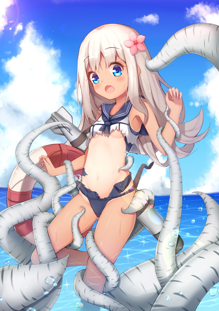 1girl :o absurdres bangs blonde_hair blue_eyes blue_sky blush breasts clouds commentary_request day eyebrows_visible_through_hair feet_out_of_frame flower groin hair_flower hair_ornament highres horizon kantai_collection kiku_(ks5832) korean_commentary leg_up lens_flare lifebuoy long_hair looking_at_viewer navel ocean one-piece_tan open_mouth outdoors ro-500_(kantai_collection) sailor_collar school_swimsuit sky small_breasts solo sparkle standing standing_on_one_leg stomach swimsuit tan tanline tentacles torn_clothes torn_swimsuit torpedo under_boob wading water water_drop wet