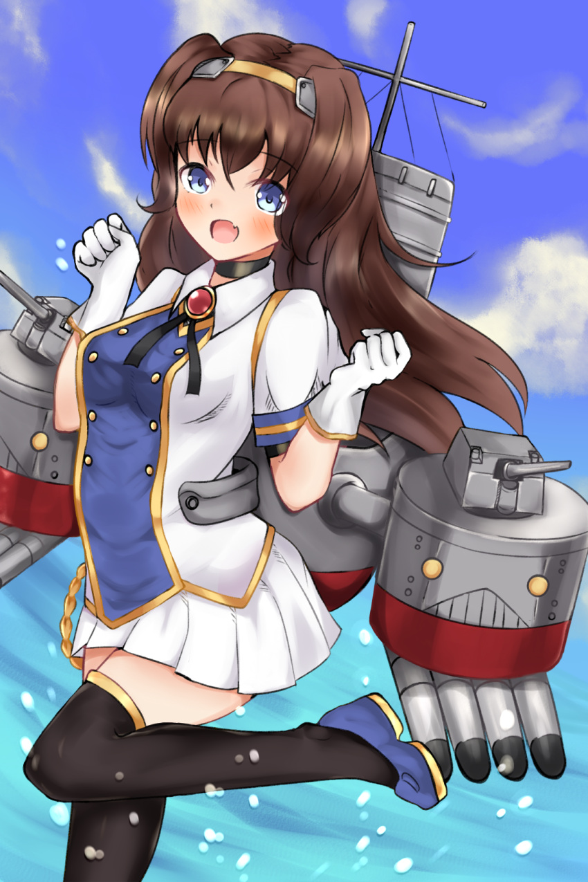 1girl azur_lane beagle_(azur_lane) black_hair black_legwear blue_eyes blush breasts cannon clouds commentary_request fang furam gloves headband highres leg_up long_hair looking_at_viewer ocean shoes sky small_breasts thigh-highs torpedo torpedo_tubes water white_gloves